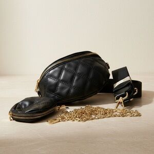 Black Quilted Half Moon Crossbody Bag Gold Chain Strap Mini Pouch Set